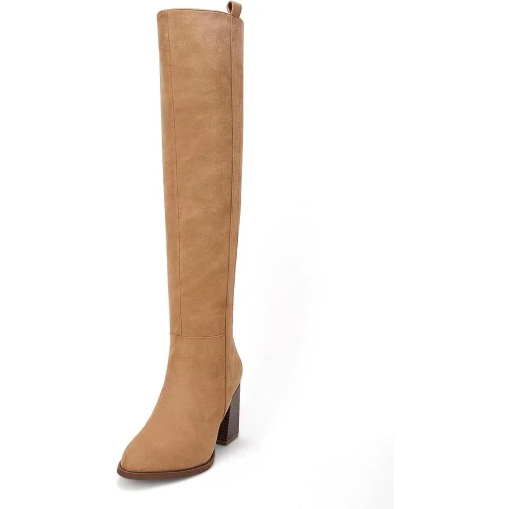 Womens Khaki Faux Suede Knee High Side Zipper Chunky Heel Winter Stretch Boots